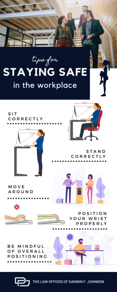 Infografía con la imagen de cuatro compañeros de trabajo en la parte superior, seguida de consejos para mantener la seguridad en el lugar de trabajo con ilustraciones para cada consejo.